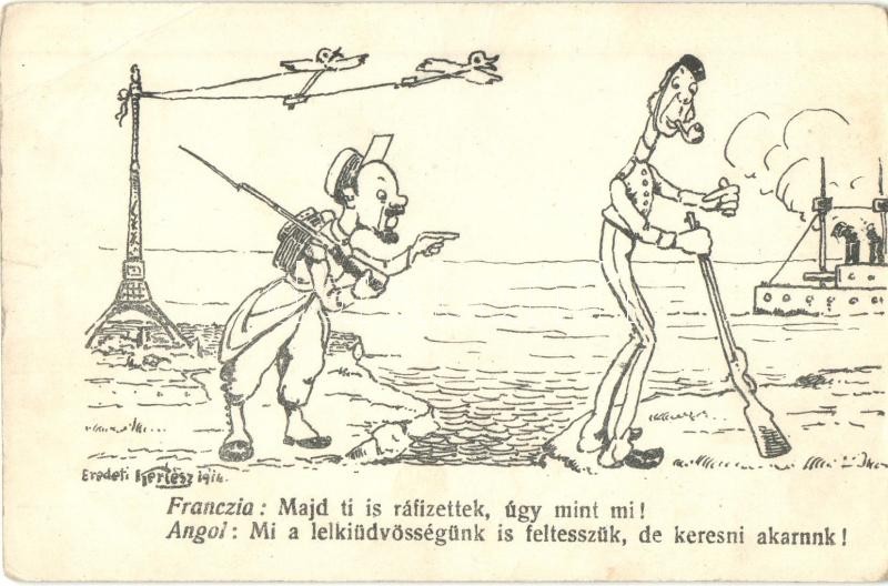 WWI satirical propaganda art postcard. British and French soldiers s: Kertész, Francia és angol katona. Első világháborús szatirikus képeslap, s: Kertész