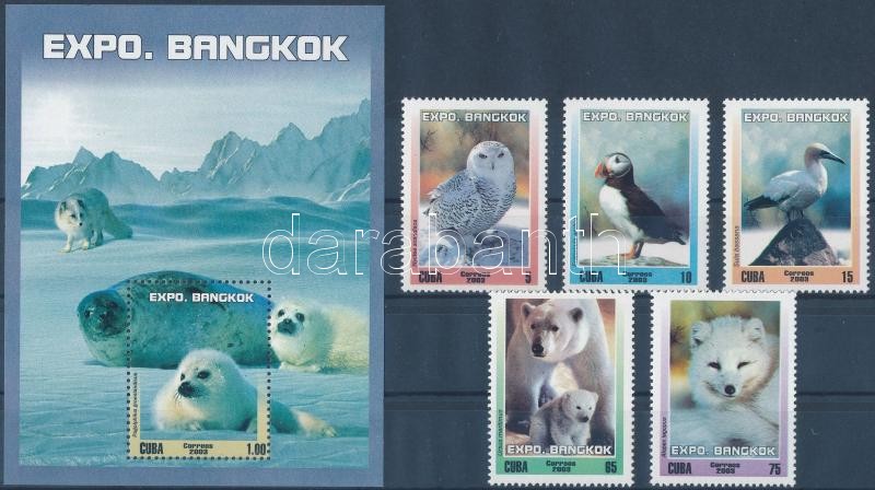 International Stamp Exhibition BANGKOK; Arctic wildlife set + block, Nemzetközi bélyegkiállítás BANGKOK; Sarki állatvilág sor + blokk