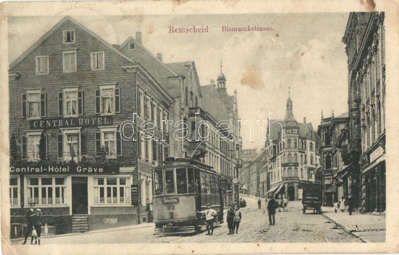 Remscheid, Bismarckstrasse, Central Hotel Gräve / street view with tram and hotel