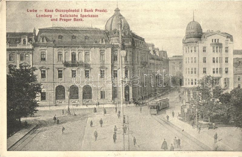 Lviv, Lwów, Lemberg; Kasa Oszczednosci i Bank Praski / Galizische Sparkasse und Prager Bank / savings bank, tram