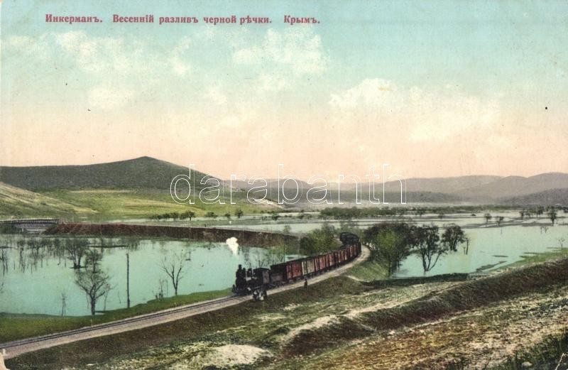 Inkerman, Spring flood of the Black River, railway with locomotive