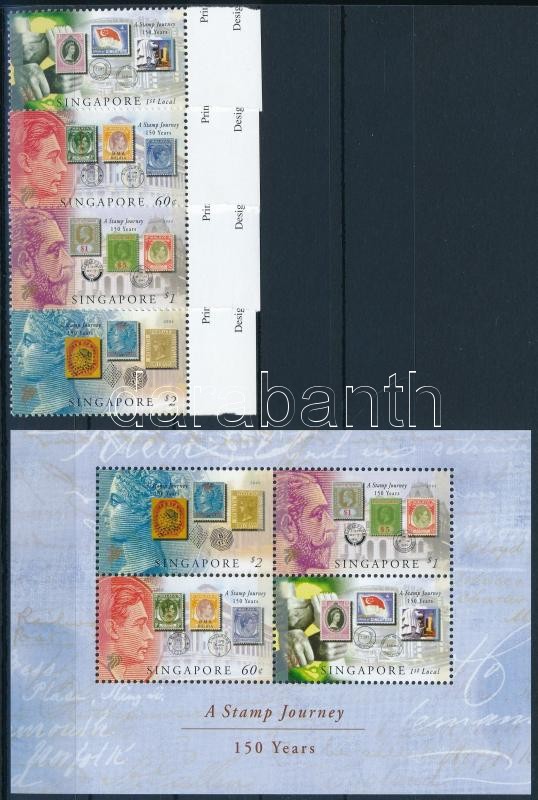 150th anniversary of stamp use in Singapore margin set + block, 150 éves a bélyeghasználat Szingapúrban ívszéli sor + blokk