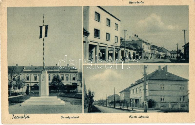 Tornala, Hungarian flag, officers' apartments, street, Tornalja, Országzászló, utcakép, Tiszti lakások