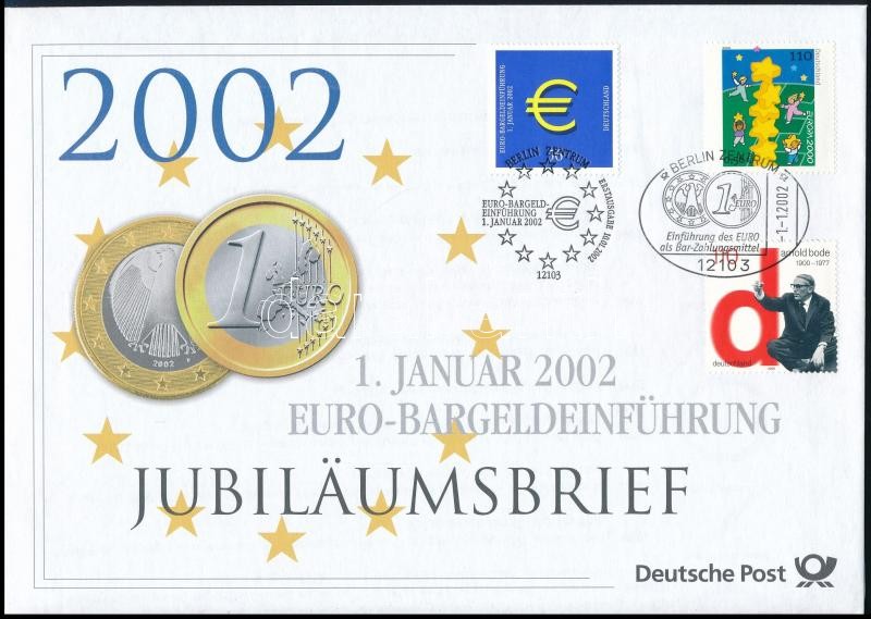 Introduction of the Euro 3 diff. stamps on FDC + unused PS-cover, Az Euro bevezetése 3 klf bélyeg FDC-n + használatlan díjjegyes boríték