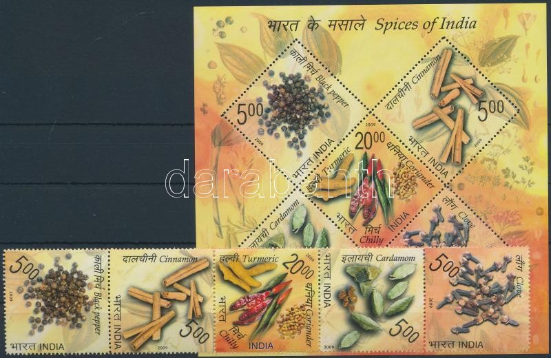 Spices of India stripe of 5 + block, Fűszer ötöscsík  + blokk