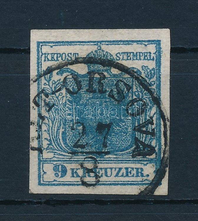 9kr HP II. sötétkék, kiemelt középrész Certificate: Steiner, 9kr HP II. dark blue, highlighted middle part. Certificate: Steiner