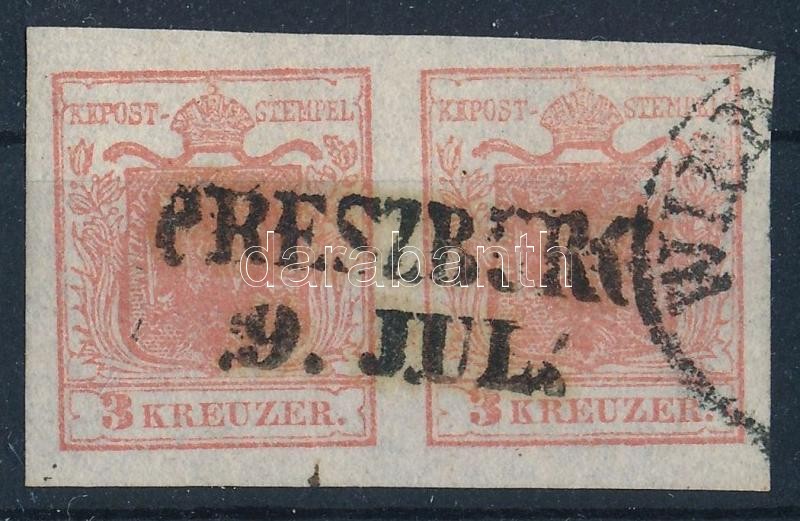 3kr HP I. rose red pair, highlighted middle part "PRESZBURG" Certificate: Steiner, 3kr HP I. rózsapiros pár kiemelt középrésszel "PRESZBURG" Certificate: Steiner