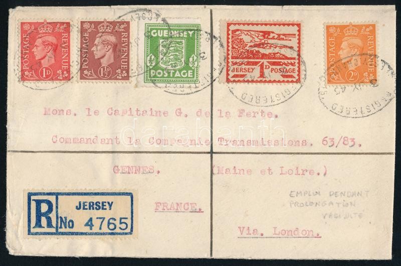 Jersey és Guernsey meghosszabbított érvényességű bélyegek angol értékekkel kombinálva ajánlott levélen Franciaországba, Registered cover with mixed franking from Jersey to France