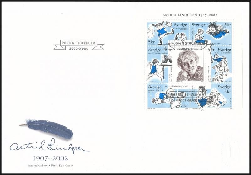 Astrid Lindgren halála bélyegfüzetlap FDC-n, Astrid Lindgren stamp-booklet sheet FDC