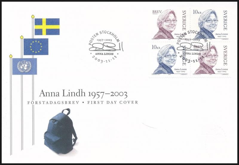 Anna Lindh's death stamp-booklet sheet FDC, Anna Lindh halála bélyegfüzetlap FDC-n