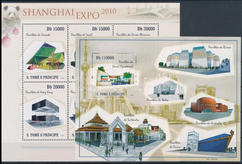 Shanghai EXPO exhibition pavilions minisheet + block, Shanghai EXPO kiállítási pavilonok kisív + blokk