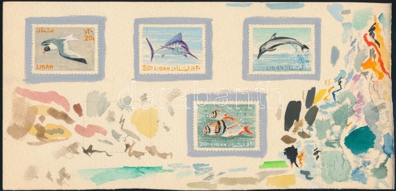 4 original handpainted sketches of Ferenc Gál for the Birds and fishes issue, Gál Ferenc grafikusművész 4 db Madarak és halak témában készült eredeti kézzel festett vázlata