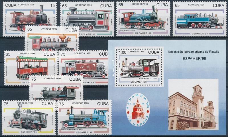 Bélyegkiállítás, ESPAMER '98, Havanna: Gőzmozdonyok sor  + blokk, Stamp Exhibition, Havana, Locomotive set + block