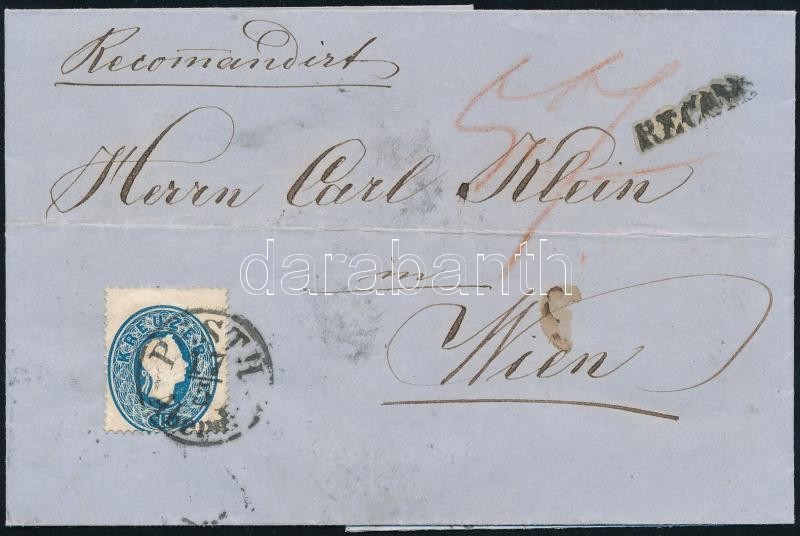 Registered cover with mixed franking: 1861 15kr + 1858 10kr ,,PESTH Abends", Ajánlott levél vegyes bérmentesítéssel: 1861 15kr + (a hátoldalon) kettévágott 1858 10kr ,,PESTH Abends"