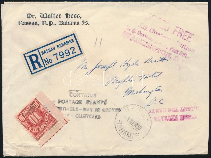 Ajánlott levél az USA-ba, portózva, Registered cover to the USA, with postage due