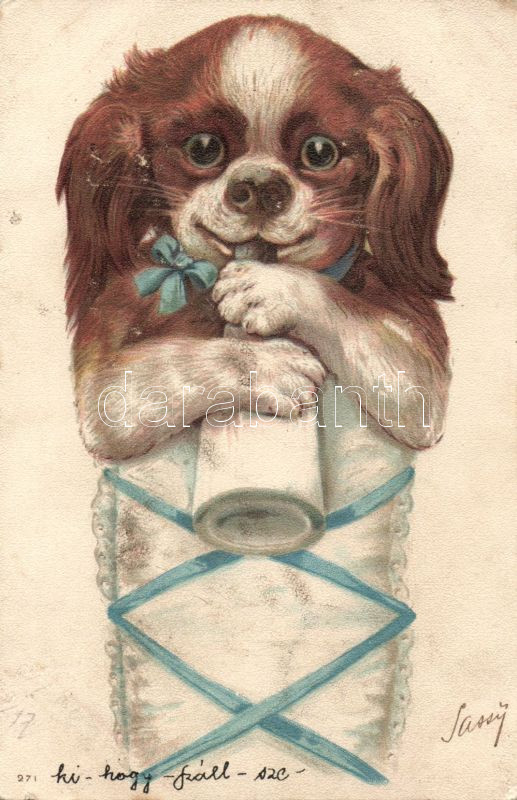 1899 (Vorläufer) Dog baby with feeding bottle, litho s: Sassy, 1899 (Vorläufer) Kis kutya cumisüveggel, litho s: Sassy