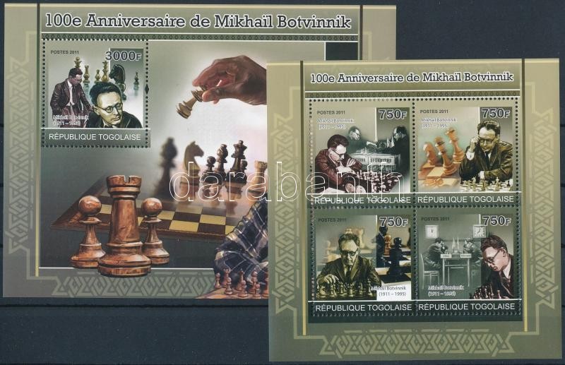 Mikhail Botvinnik, chess player mini sheet + block, 100 éve született Mihail Botvinnik, sakkozó kisív + blokk