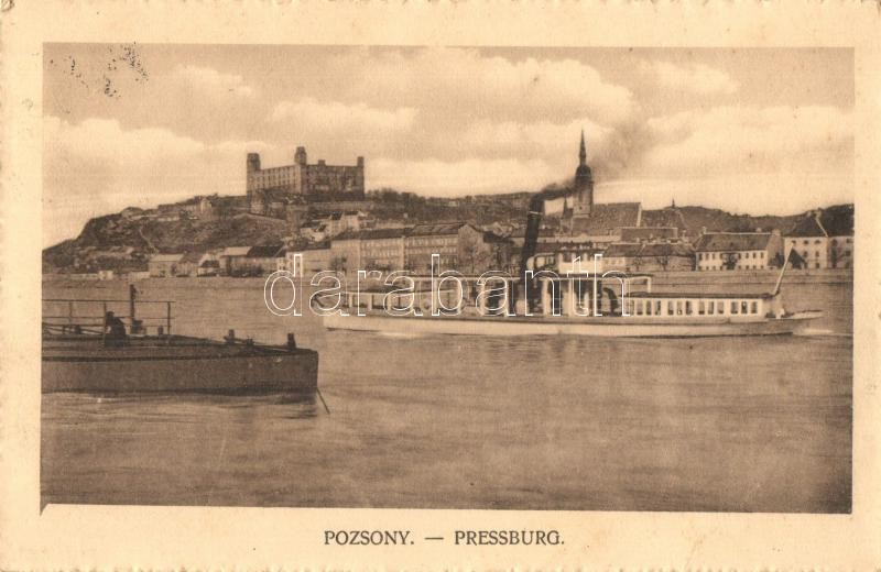 Pozsony, Pressburg, Bratislava; vár, gőzhajó. Glass & Tuscher kiadása, Pressburg, Bratislava; castle, steamship