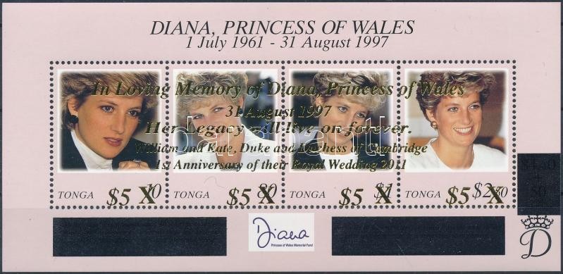 In honor of Lady Diana, Prince William and Kate Middleton's first marriage anniversary overprinted block, Lady Diana emlékére, Vilmos herceg és Kate Middleton első házassági évfordulója felülnyomott blokk