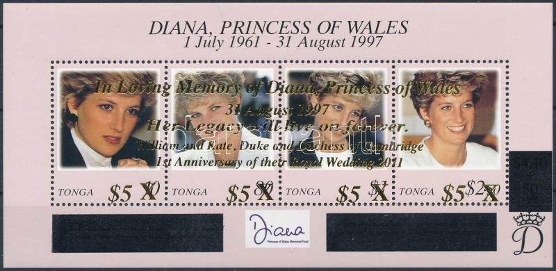 Lady Diana emlékére, Vilmos herceg és Kate Middleton első házassági évfordulója felülnyomott blokk, In honor of Lady Diana, Prince William and Kate Middleton's first marriage anniversary overprinted block