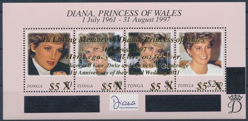 Lady Diana overprinted block, Lady Diana emlékére, Vilmos herceg és Kate Middleton első házassági évfordulója felülnyomott blokk