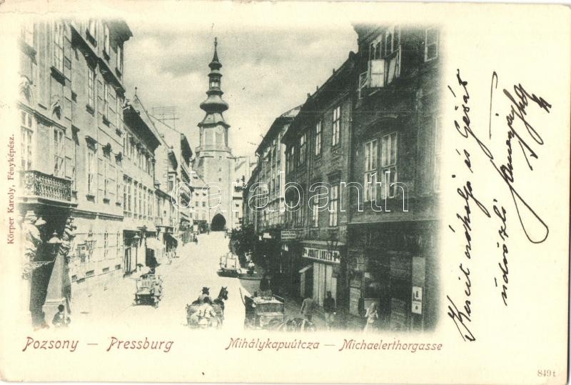 1899 Pressburg, Bratislava; street view, shop, 1899 Pozsony, Pressburg, Bratislava; Mihálykapu utca, Ignatz Lunzer üzlete. Körper Károly kiadása