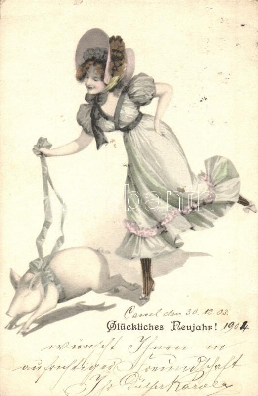 "Glückliches Neujahr!" / New Year greeting card, girl with pig, "Boldog új évet!", német nyelvű üdvözlőlap