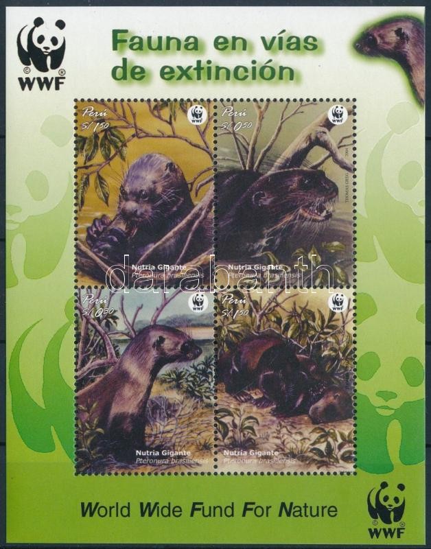 WWF Giant otters block + stamps from block 4 FDC, WWF: Óriás vidra blokk + blokkból kitépett bélyegek 4 db FDC-n