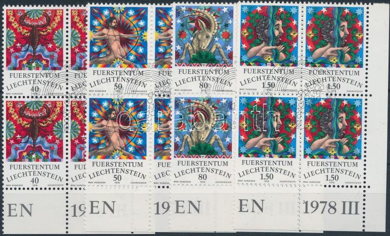 Zodiac (III) margin set  corner blocks of 4 with first day cancellation, Csillagjegyek (III) sor ívsarki 4-es tömbökben elsőnapi bélyegzéssel