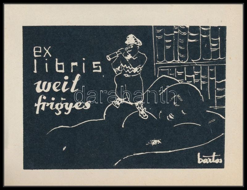 Bartos László (1902-1943): Erotikus ex libris Weil Frigyes. Famesztet, papír, jelzett a klisén, 6×9 cm