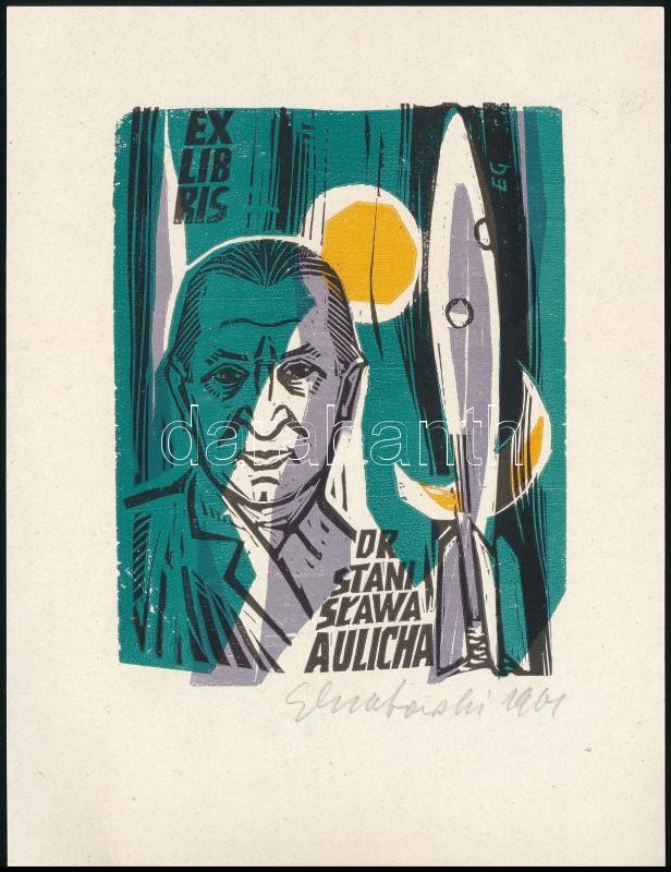Edward Grabowski (1904-1966): Ex libris Dr Stani Slawa Aulicha (rakéta). Színes linó, papír, jelzett, 9,5×7 cm