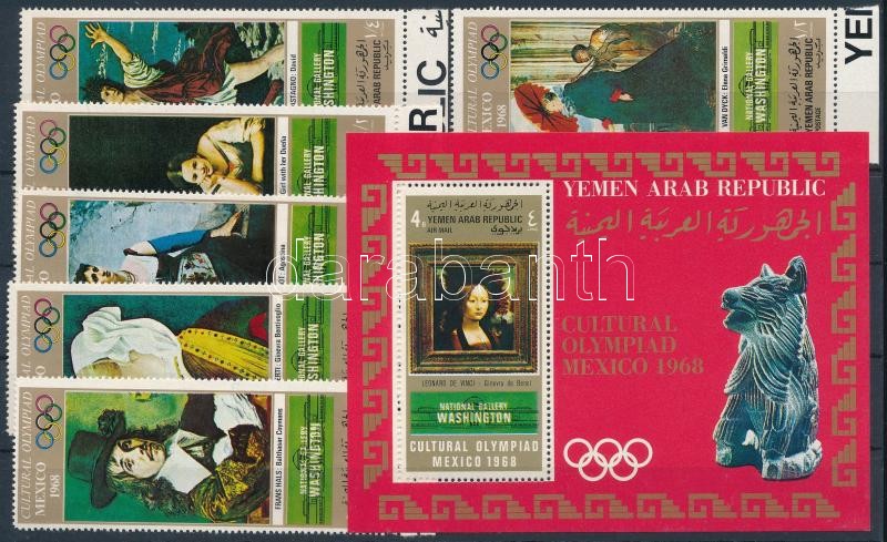 Mexican Olympics: Paintings margin set + block, Mexikói olimpia: Festmények ívszéli sor + blokk