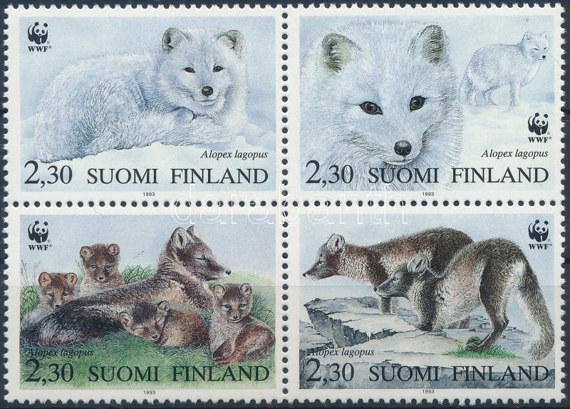 WWF Arctic fox block of 4 + 4 FDC, WWF: Sarki róka négyestömb  + 4 db FDC