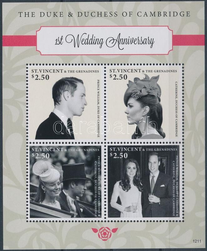 William herceg és Kate Middleton 1 éves házassági évfordulója kisív, 1 year anniversary of Duke William and Kate Middleton mini sheet
