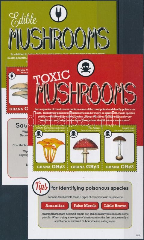 Ghana, Edible and toxic mushrooms 2 mini sheets, Ghána ehető és mérgező gombák 2 db kisív