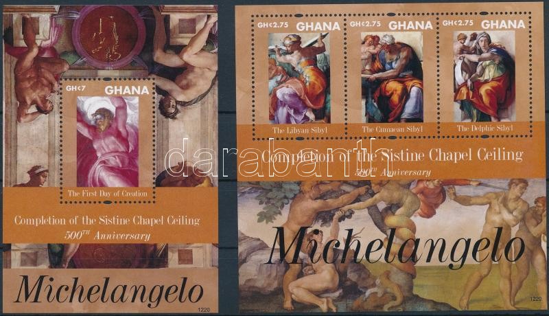 Ghana Michelangelo - The ceiling fresco of the Sixtus chapel mini sheet + block, Ghána Michelangelo - A Sixtus-kápolna mennyezetfreskója kisív + blokk