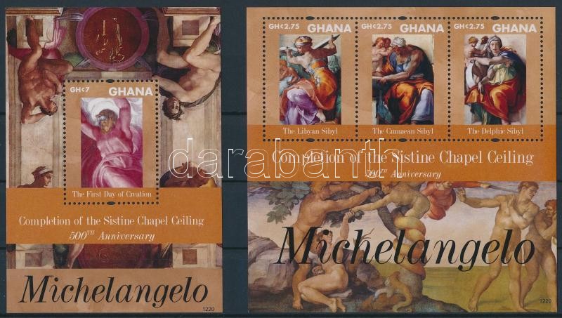 Michelangelo - A Sixtusi-kápolna mennyezetfreskója kisív + blokk, Completion of the Sistine Chapel minisheet + block