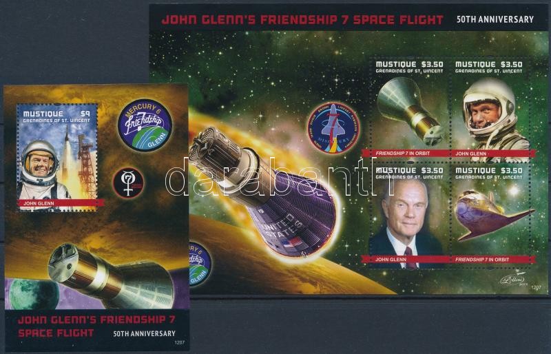 John Glenn, űrhajós kisív + blokk, John Glenn, astronaut mini sheet + block