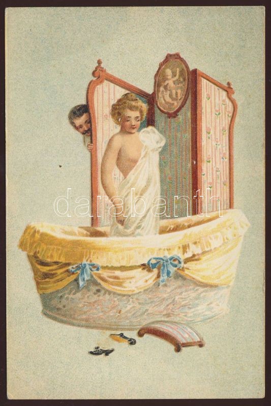 Erotic art postcard, Bathing woman, peeper man, litho, Fürdőző hölgy, leskelődő férfi, litho