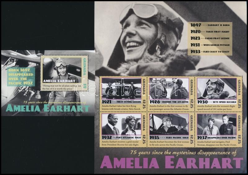 Amelia Earhart az első női pilóta eltűnésének 75. évfordulója kisív + blokk, 75 years since the mysterious dissapearance of Amelia Earhart minisheet + block