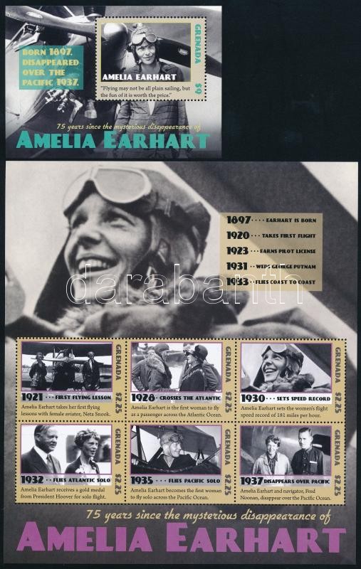 Amelia Earhart az első női pilóta eltűnésének 75. évfordulója kisív + blokk, Amelia Earhart mini sheet + block