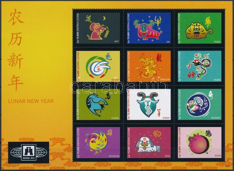 International Stamp Exhibition BEIJING 2012, Beijing; Chinese Zodiac mini sheet, Nemzetközi bélyegkiállítás BEIJING 2012, Peking; Kínai csillagjegyek kisív