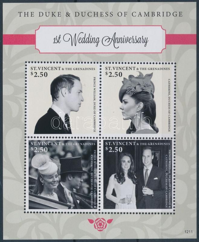1 year anniversary of Duke William and Kate Middleton mini sheet, William herceg és Kate Middleton 1 éves házassági évfordulója kisív