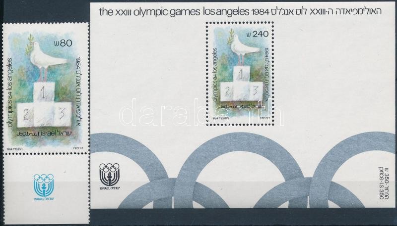 Summer Olympics, Los Angeles stamp with tab + block, Nyári Olimpia, Los Angeles tabos bélyeg + blokk