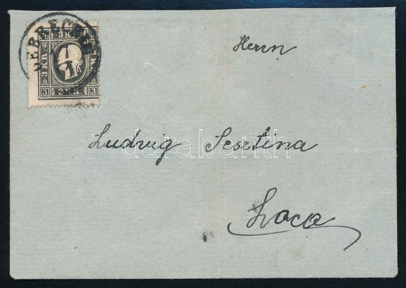 ~1860 3kr II. helyi levélen (1 hajtóka hiány/ flap missing) ,,DEBRECZIN