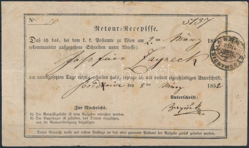 Retour Recepisse 6kr bélyeggel Bécsből feladott levélről Predmér - ,,VÁGH TEPLA