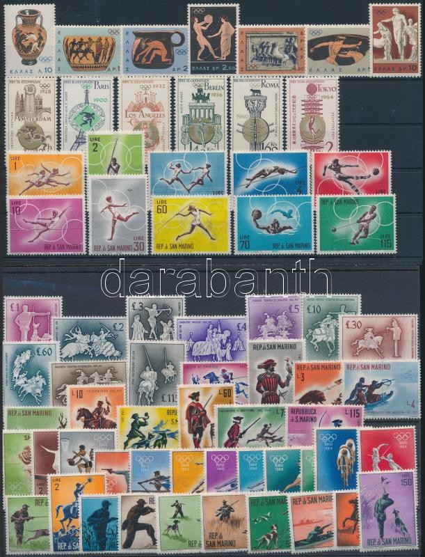 Sport, olimpia, vadászat motívum 7 db klf sor + 6 db önálló érték 2 stecklapon, Sport, Olympics, Hunting 7 sets + 6 stamps