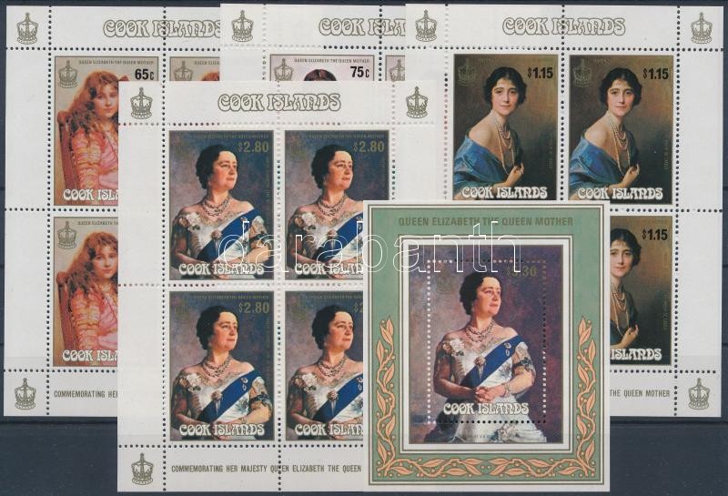 Queen Elizabeth the Queen Mother's 85th birthday minisheet set + block, Erzsébet anyakirálynő 85. születésnapja kisívsor + blokk