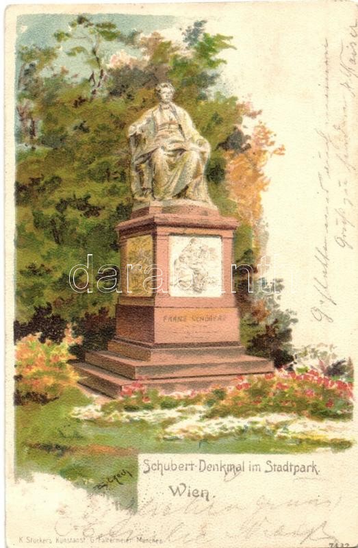 Vienna, Wien; Schubert Denkmal im Stadtpark / statue. K. Stucker's Kunstanstalt litho s: Czech