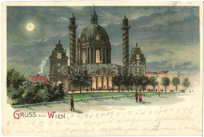 Vienna, Wien; Karlskirche / church. night. litho